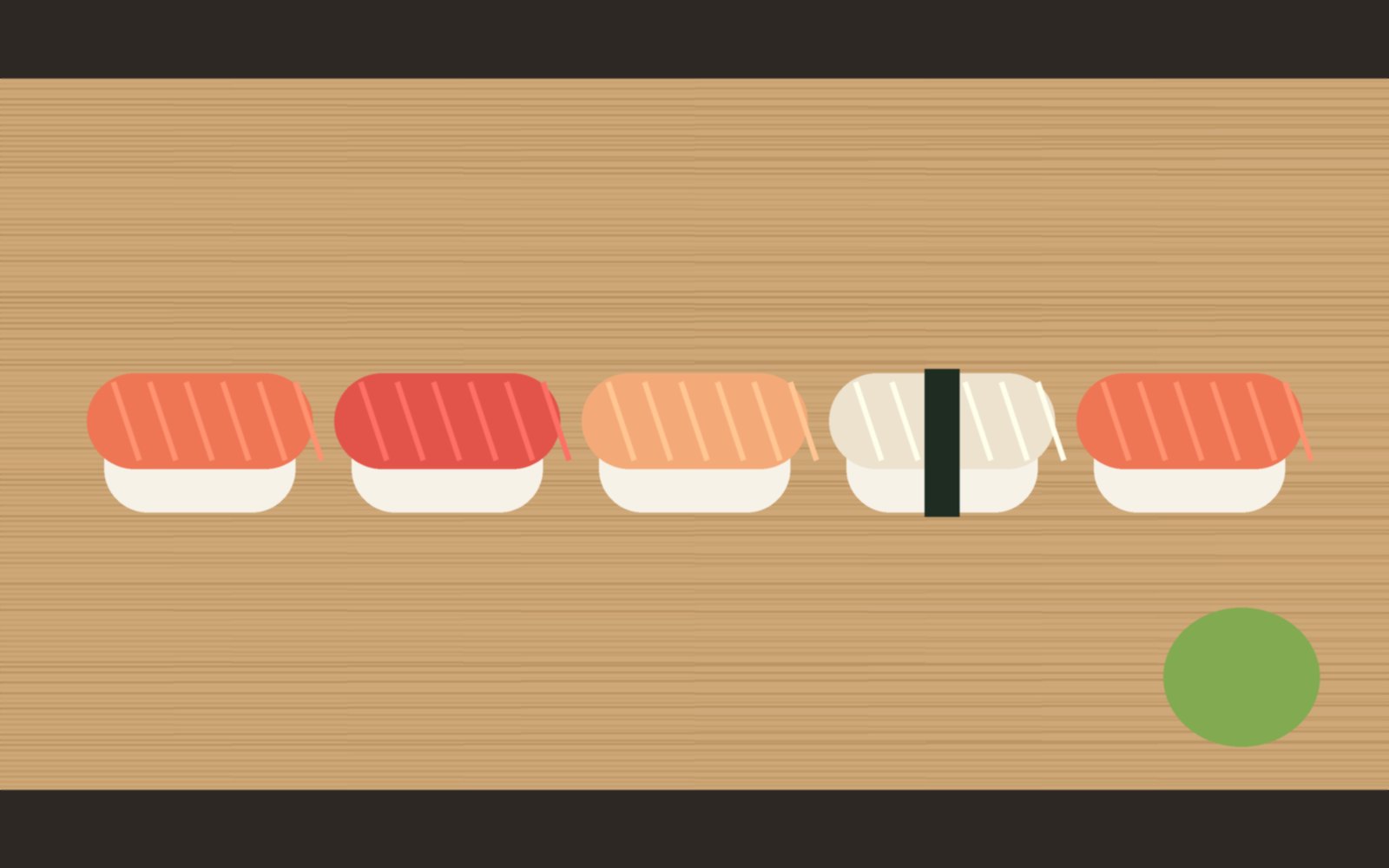 Illustration of a row of nigiri sushi on a wooden board