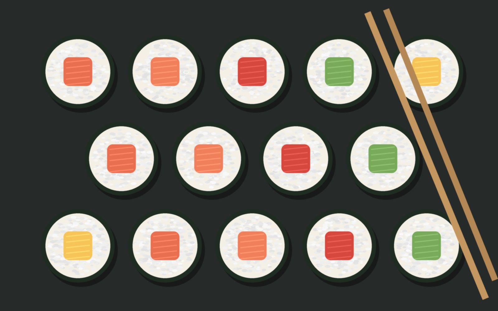 Illustration of maki sushi rolls and chopsticks on a slate board
